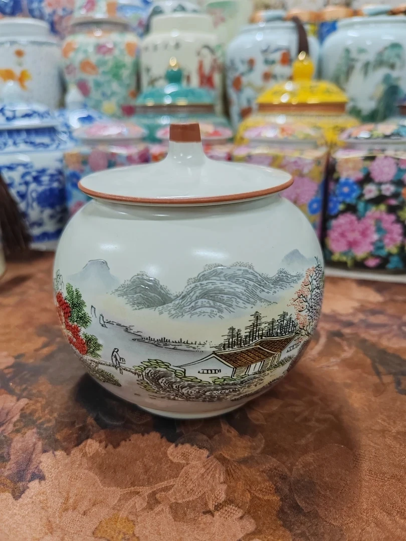 汝窑山水釉里红圆形茶叶罐密封罐