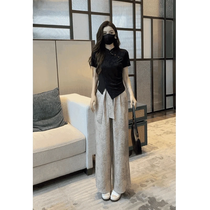 新中式立领短袖国风上衣+高腰直筒阔腿休闲长裤两件套装