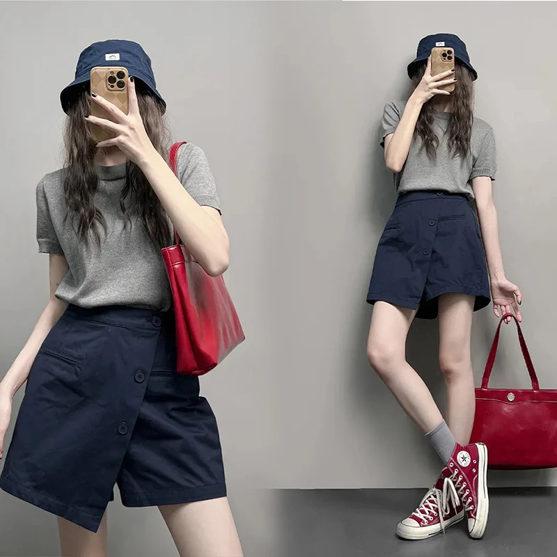 藏青休闲短裤女2025夏季灰色圆领短袖针织衫欧若风穿搭两件套装女