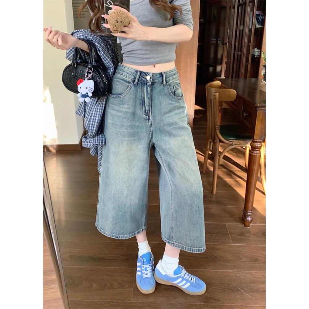 大码美式复古水洗八分牛仔裤女2025夏季新款高腰直筒直筒阔腿裤子