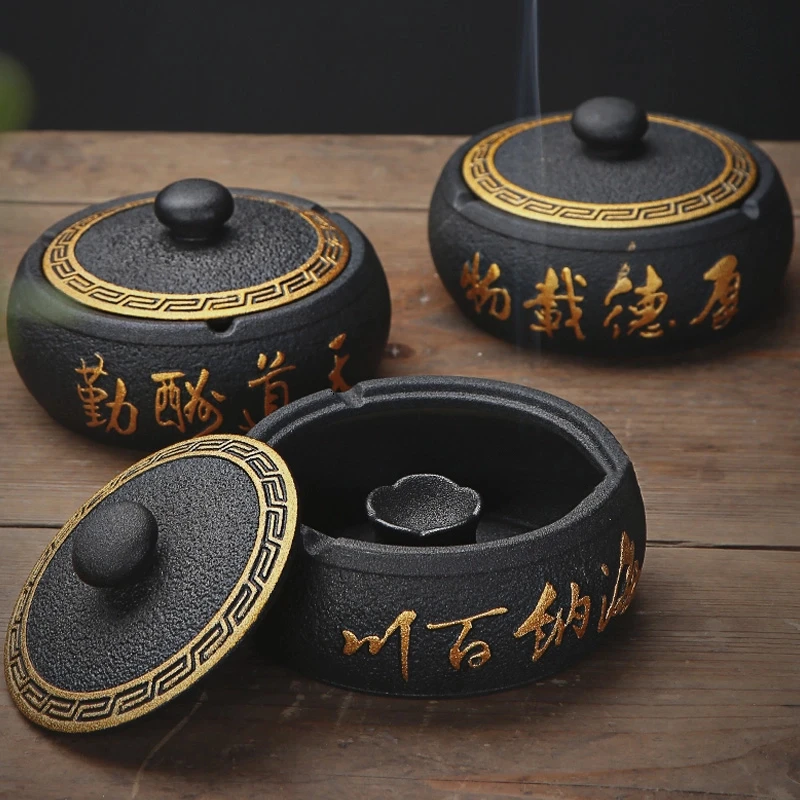六晋陶瓷加厚烟灰缸防飞灰创意家用大号防风带盖烟灰缸高端盖烟缸