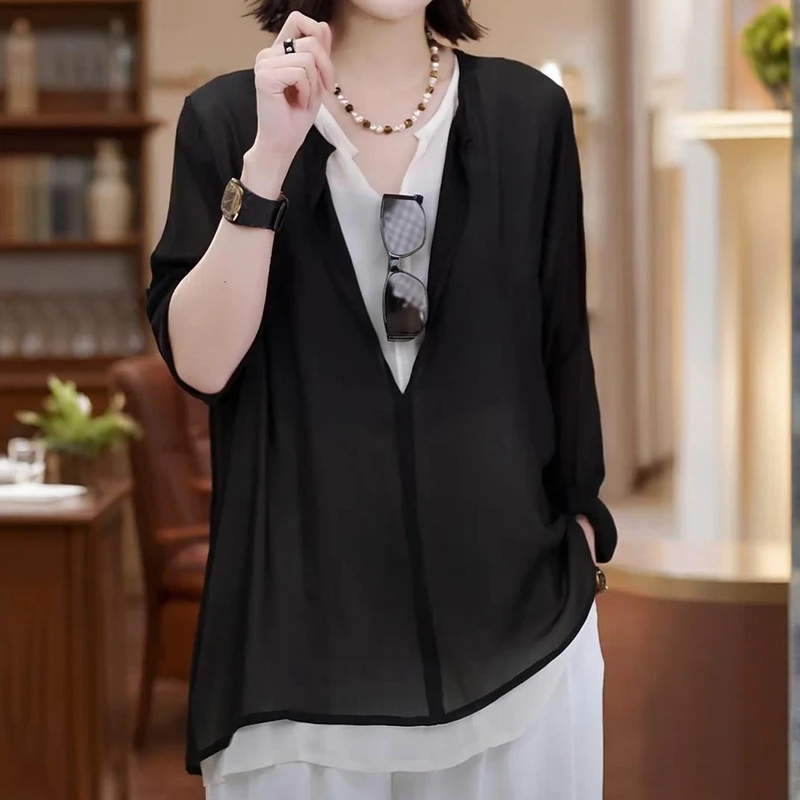 设计感假两件V领长袖防晒衬衫2025夏季新款老钱风松弛感显瘦上衣