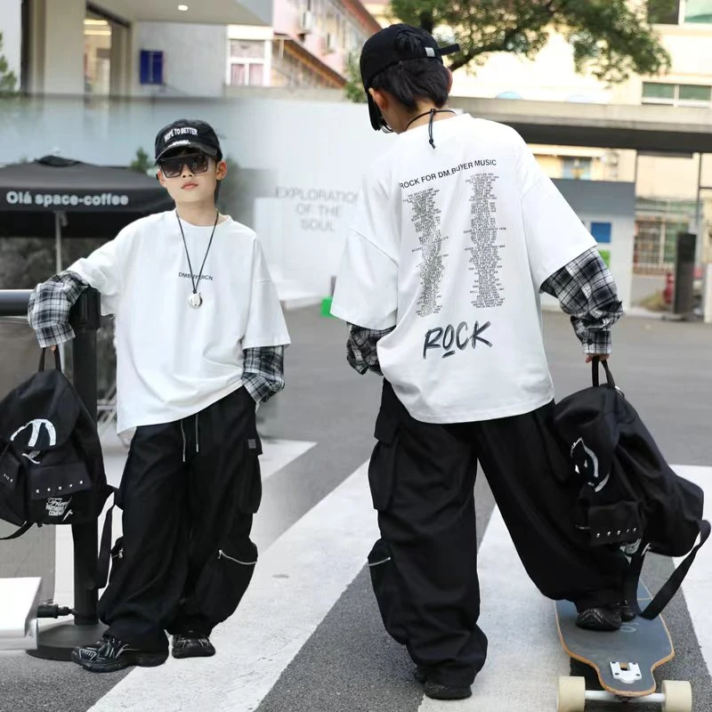 【嘟妈童装】男童秋季卫衣儿童长袖格子男孩假两件上衣宽松7010