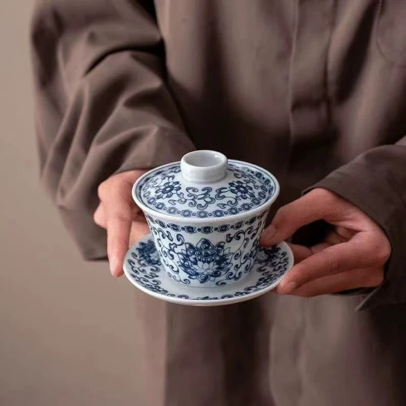「云栖茶具」青花满彩悬停三才盖碗TJ023