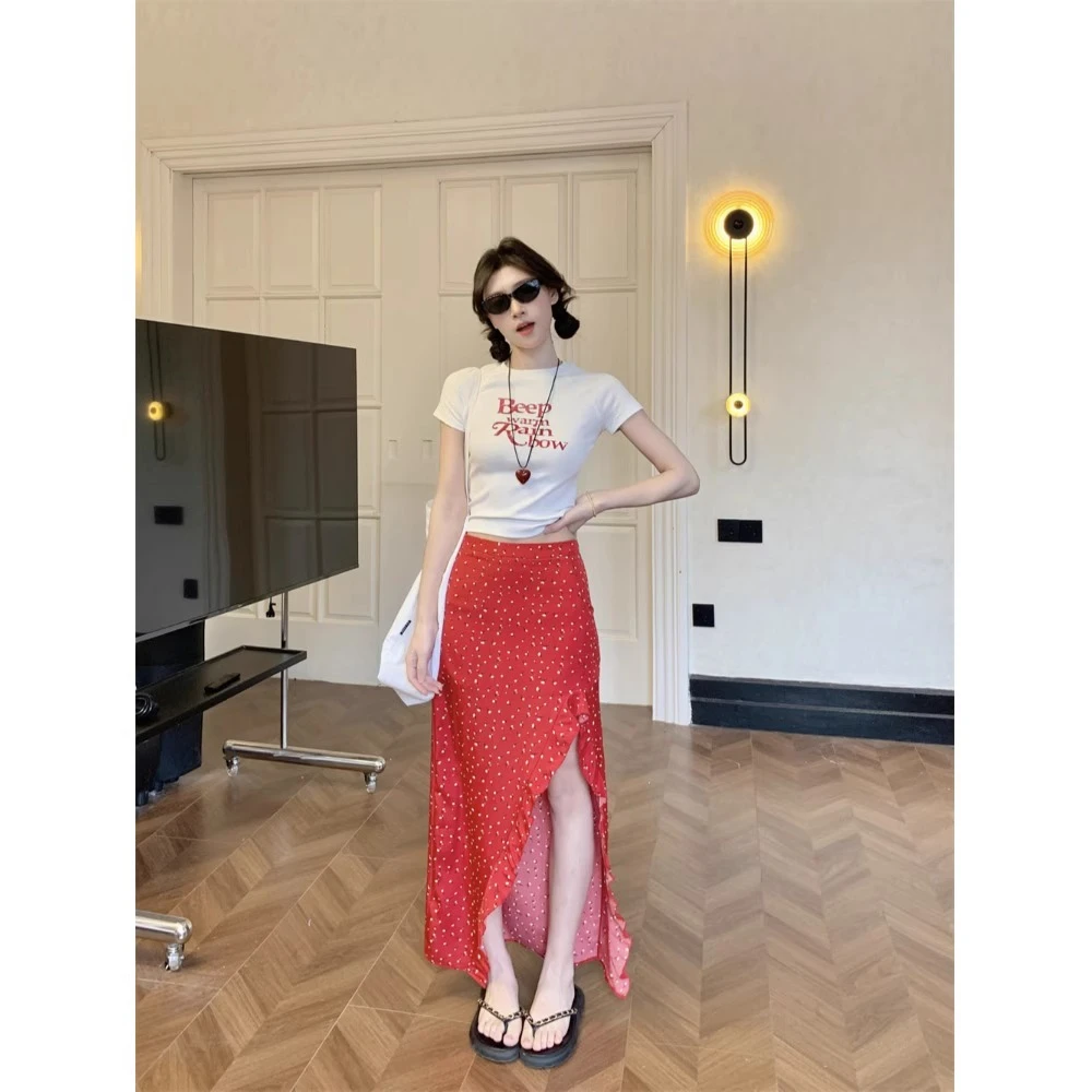 海边度假风套装女字母印花正肩短袖T恤夏季红色波点半身裙两件套