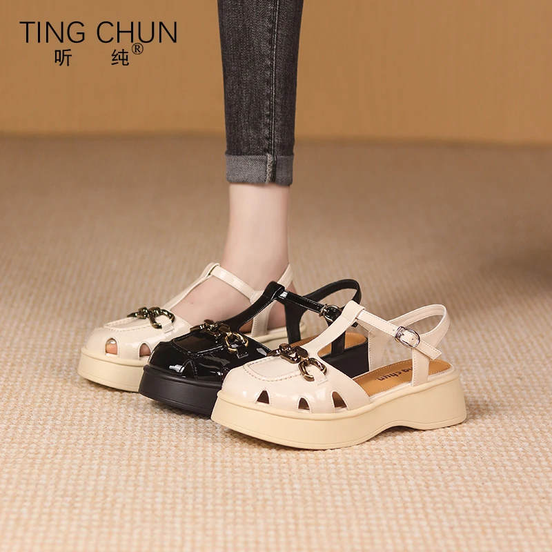 听纯86002夏季2025露趾厚底凉鞋女时尚休闲百搭软底平底防滑女鞋