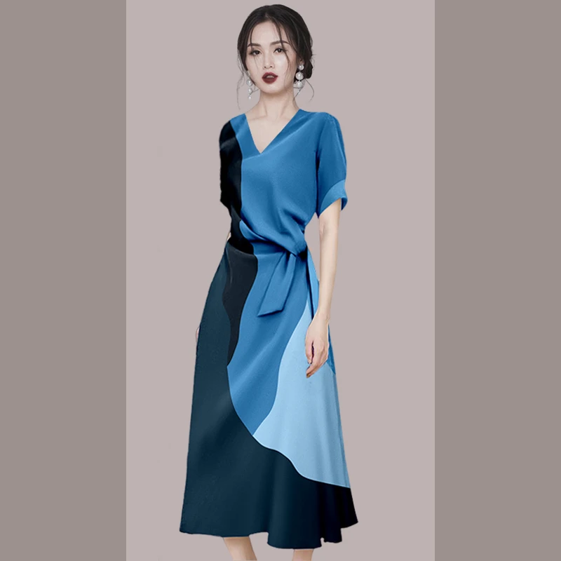 撞色V领收腰设计职业通勤连衣裙2025女新款夏季短袖裙子