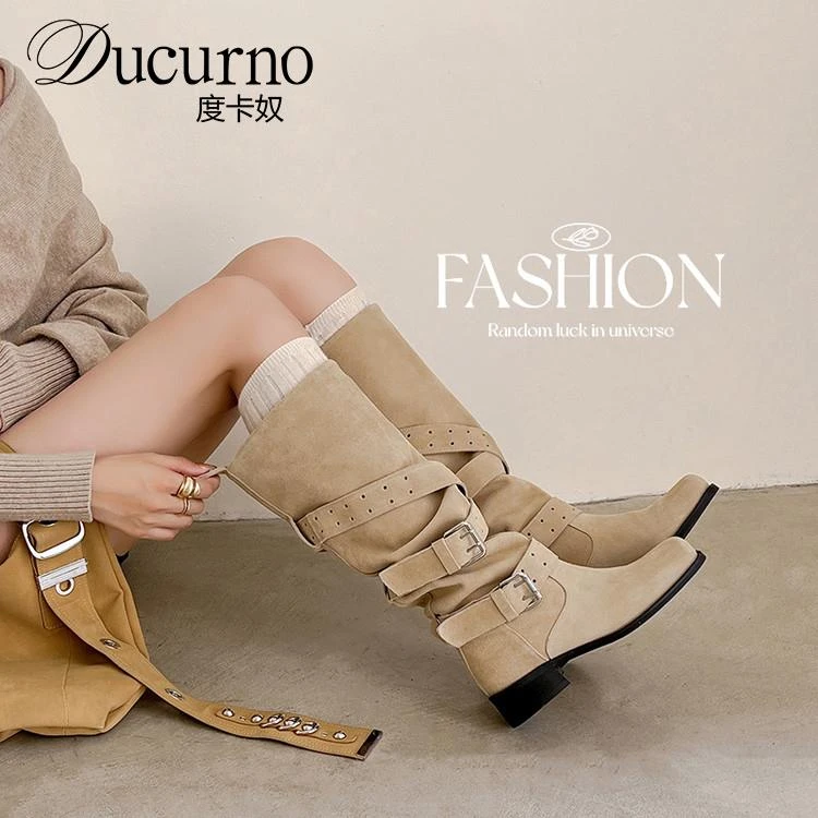 DUCURNO3.5cm中跟复古方头堆堆靴女粗跟高筒靴真皮方头显瘦骑士靴