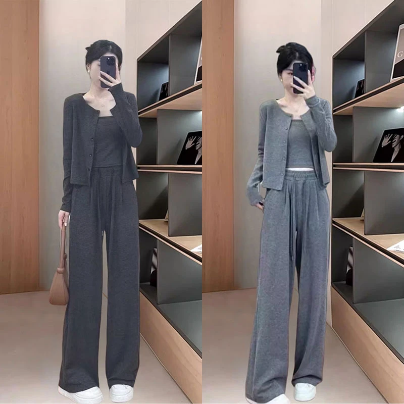 早春新款女士裤子套装时尚开衫内搭吊带休闲糯米裤超值三件套装