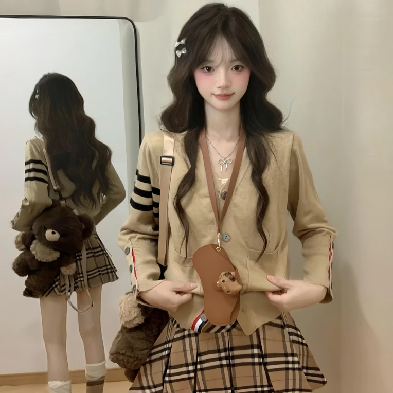 2025秋季新款撞色格子百褶裙女韩版减龄高腰显瘦气质百搭半身短裙