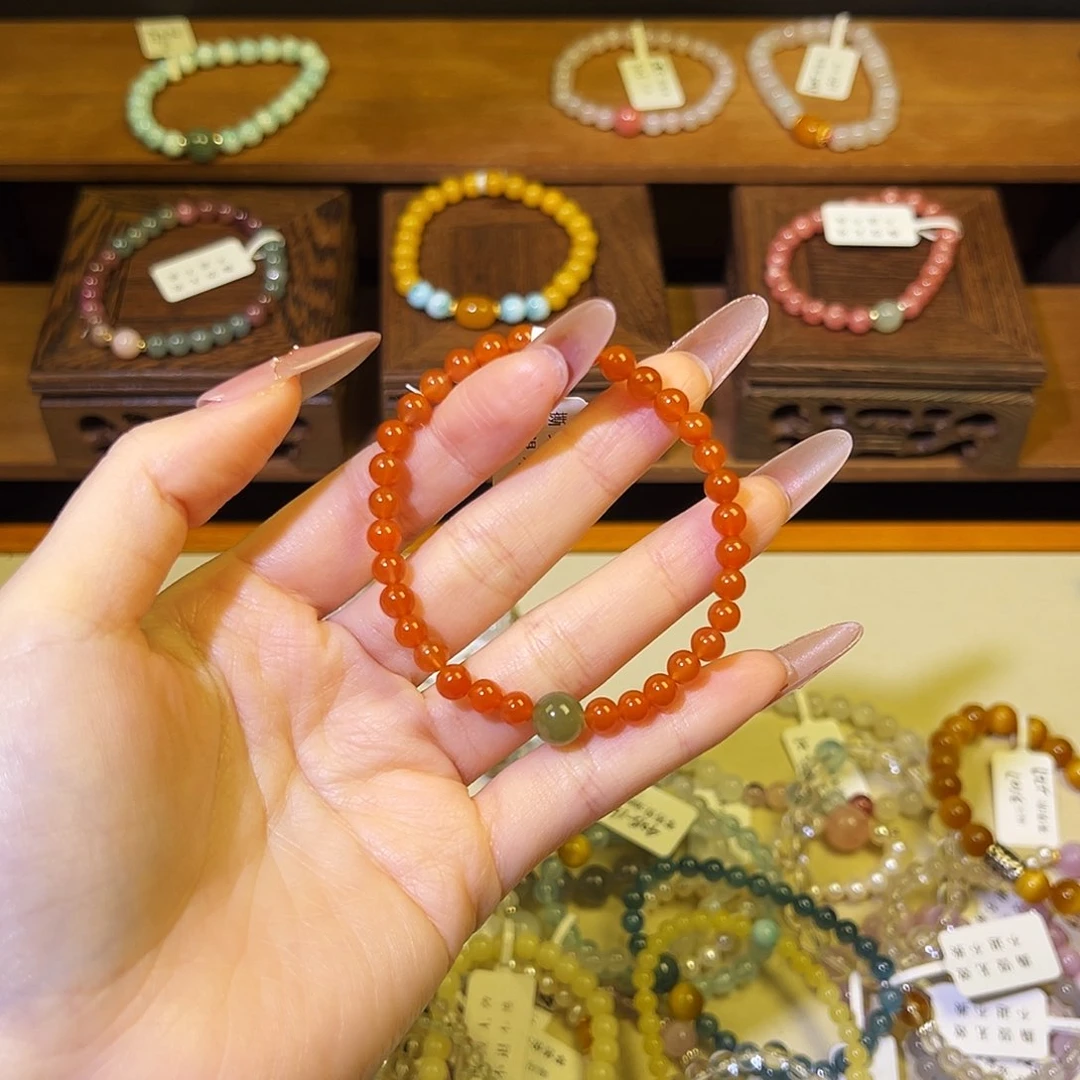 烟晶手链银S925镶嵌南红8010