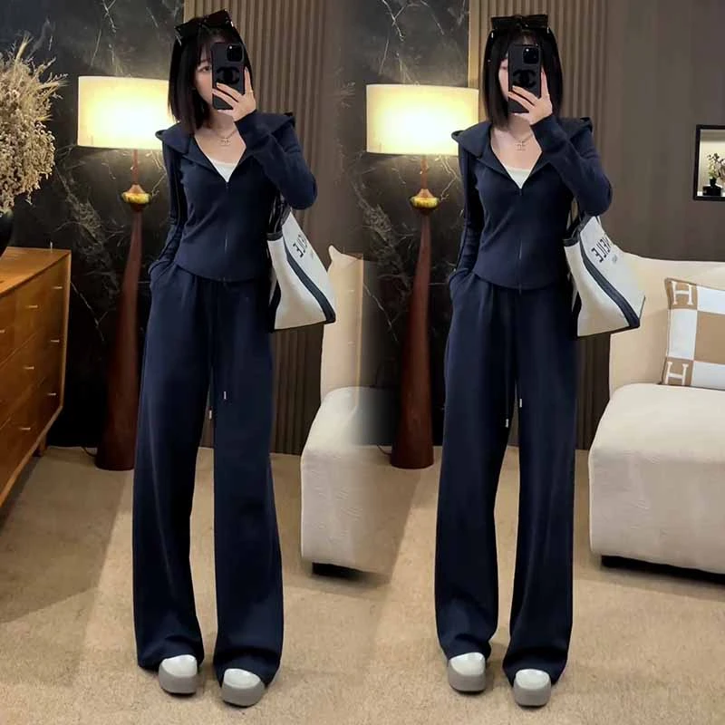 含棉小个子休闲运动服套装女2024年秋季新款连帽卫衣阔腿裤两件套