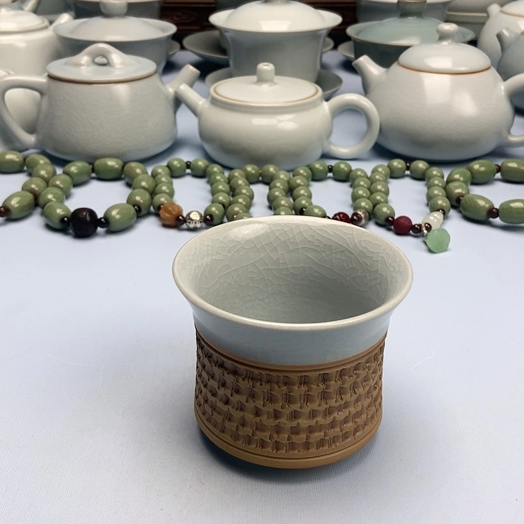 杯仿古重工跳刀月白马蹄杯原矿原釉原产地