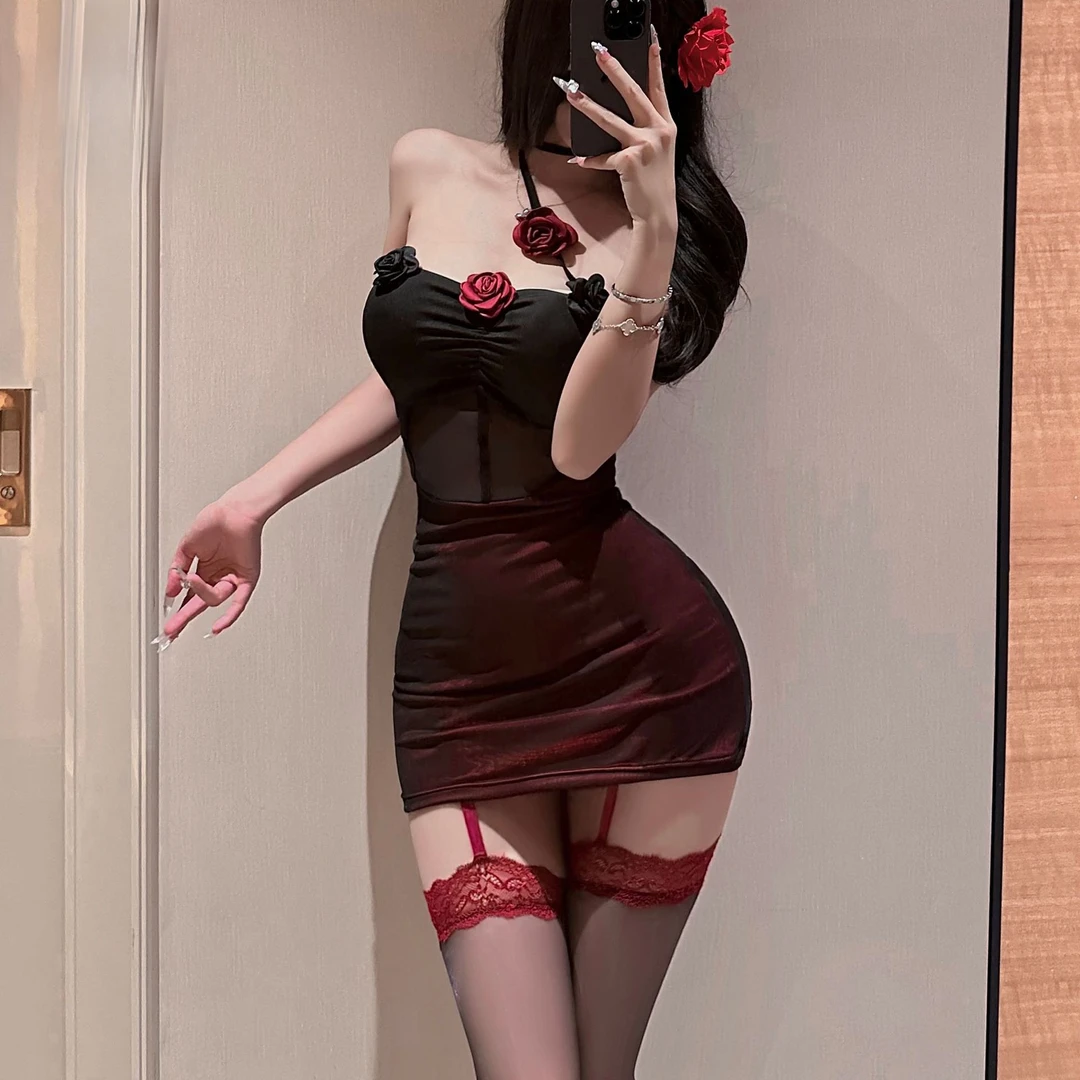 性感辣妹显瘦双层网纱拼接抹胸裙女气质立体花朵镂空褶皱包臀裙潮