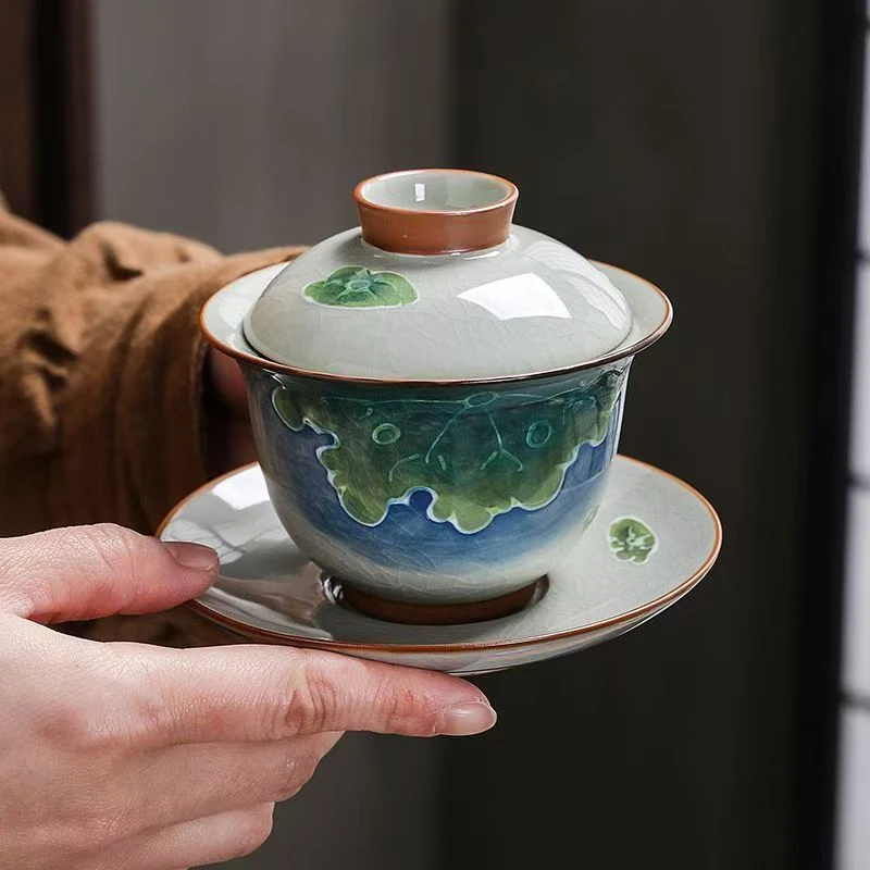 哥窑手绘荷花三才盖碗茶具盖碗茶杯高端单个不烫手泡茶碗陶瓷茶具