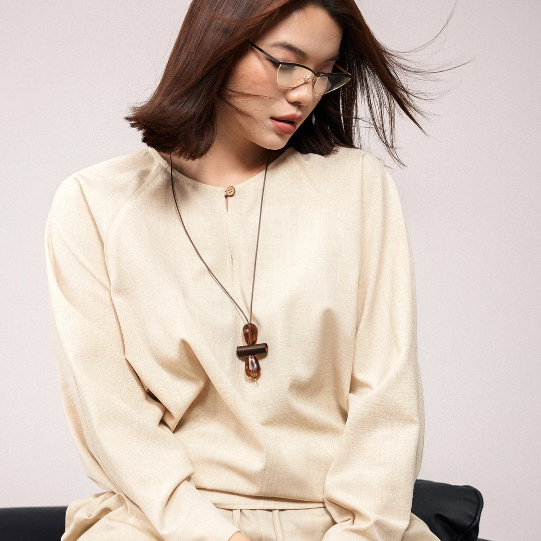 PLUSMALL 茶云慕斯 人棉亚麻混纺蝙蝠松弛感小衫PLUS2501008