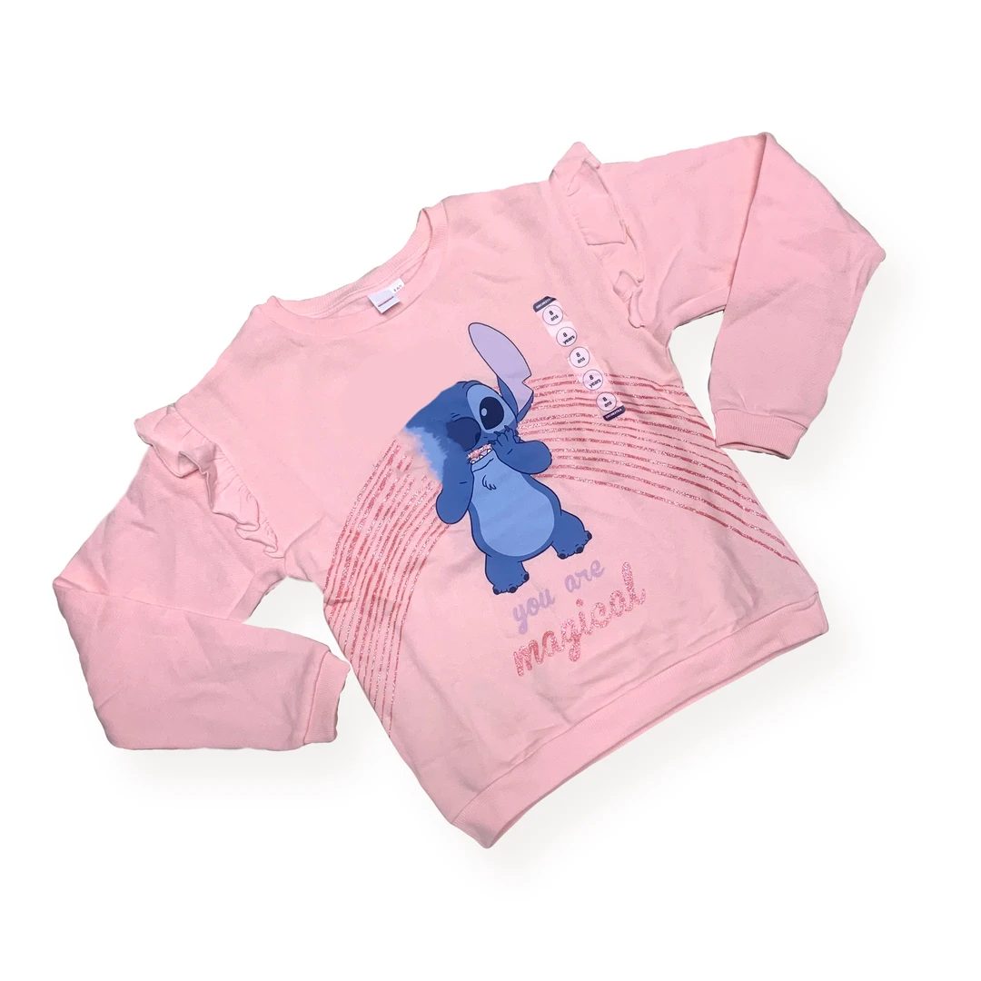 迪25新款出口原包粉色史迪仔亮沙加绒花边套头卫衣女童