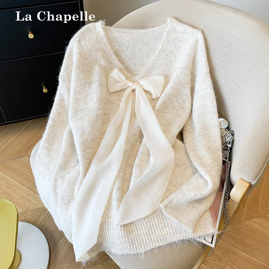 拉夏贝尔韩系蝴蝶结V领软糯毛衣女秋冬新款宽松慵懒风针织打底衫