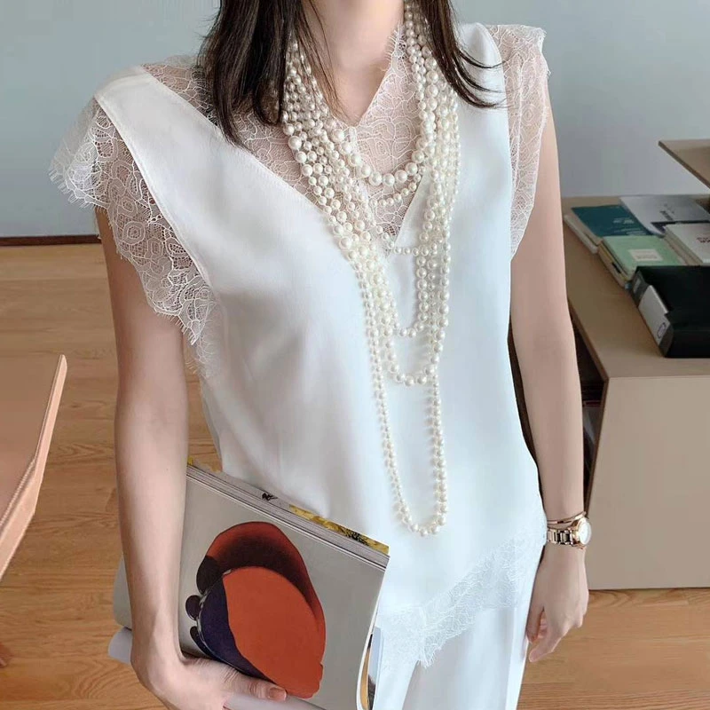 【商场同款】V领无袖背心夏季拼接网红蕾丝边性感时尚吊带女5300598