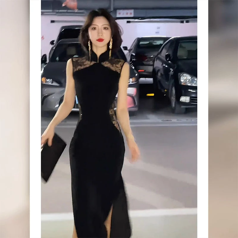 夏季新中式国风改良旗袍高端精致高级感风情万种黑色蕾丝连衣裙女