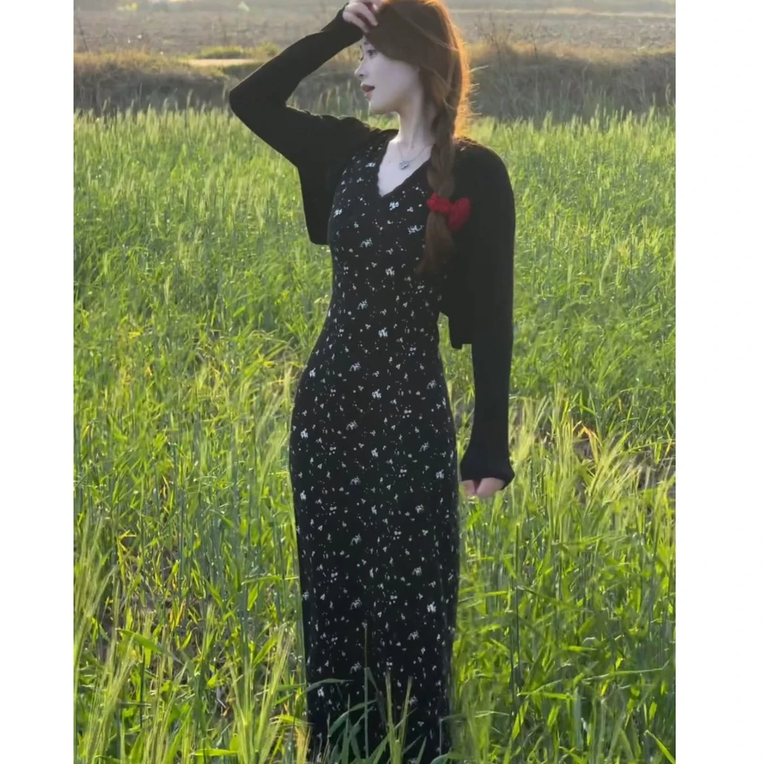 连衣裙女夏2025新款收腰显瘦甜美蝴蝶结开衫A字长裙子两件套