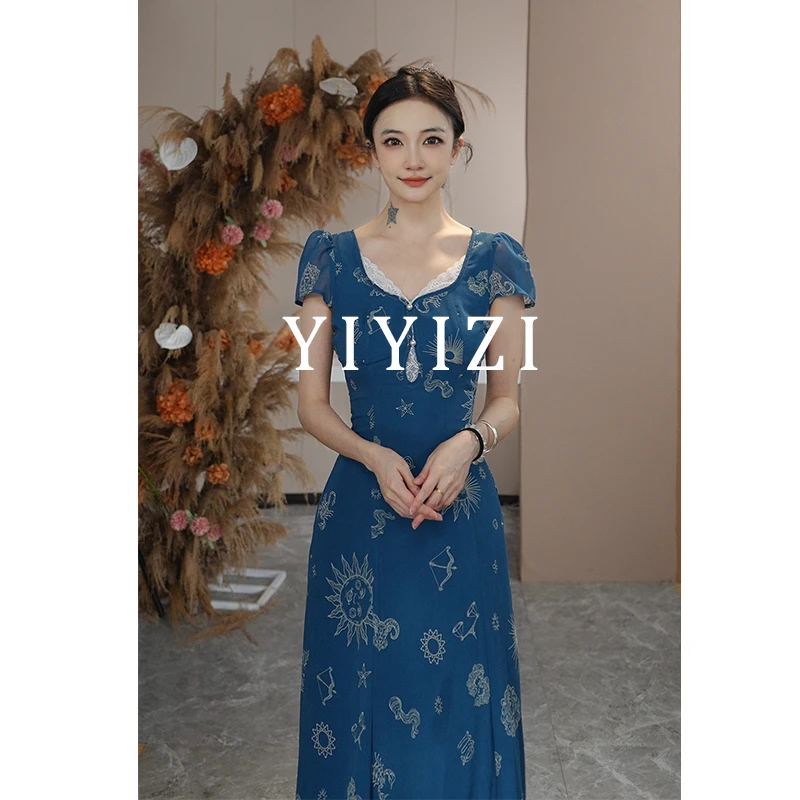 依依子【蓝色花语】法式气质连衣裙女夏季长裙修身显瘦重工裙子炸街