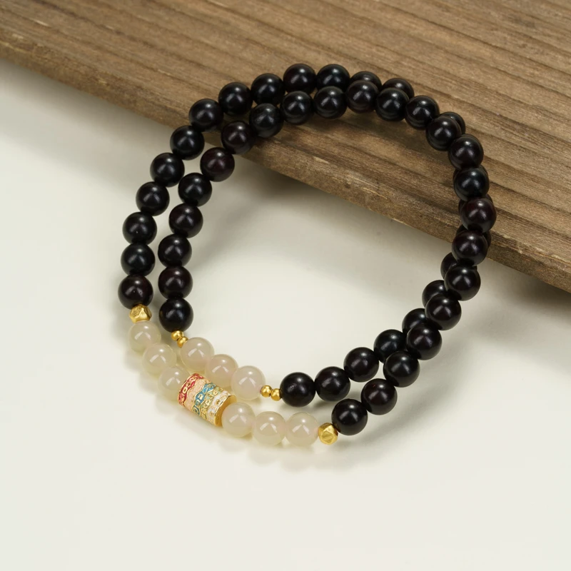 【晚来烟】小叶紫檀0.6藕粉五条经文双圈手串