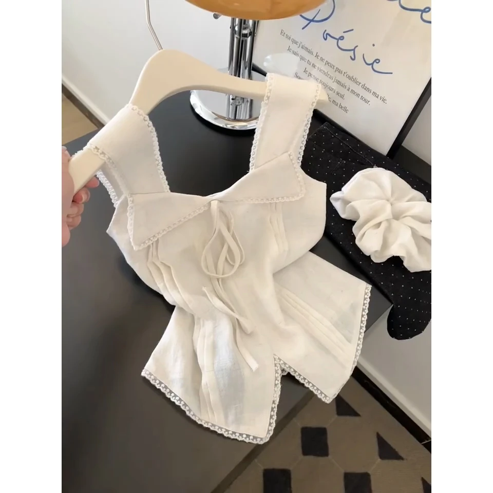 蝴蝶结蕾丝花边吊带背心女夏外穿设计感小众宽肩带无袖上衣高级感