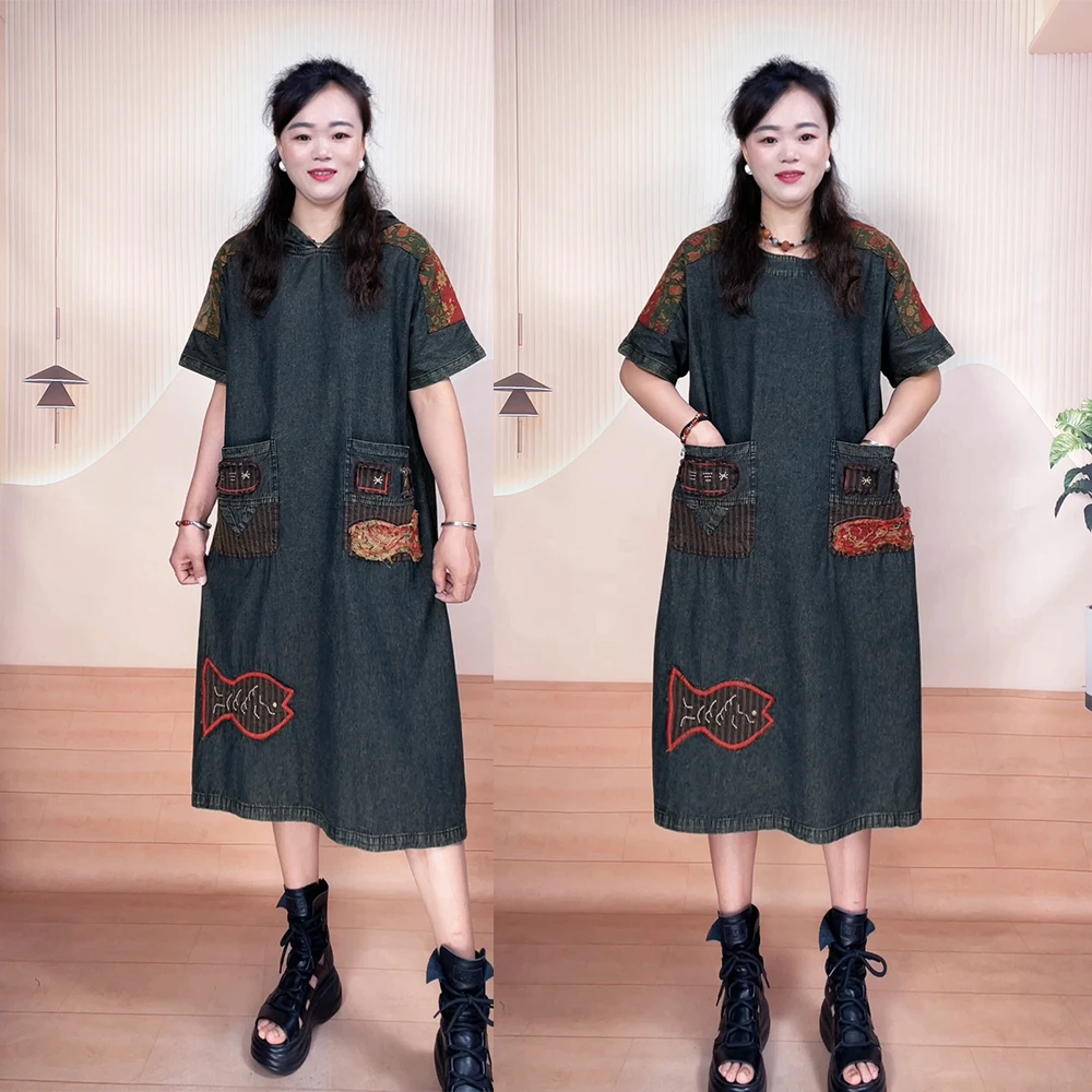 夏季新款民族风薄款宽松大码中长款重工小鱼刺绣贴布短袖连衣裙女