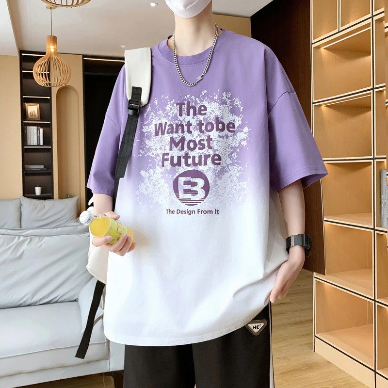 夏季爆款渐变短袖青少年阔版t恤学生半袖潮流圆领印花ins港风上衣