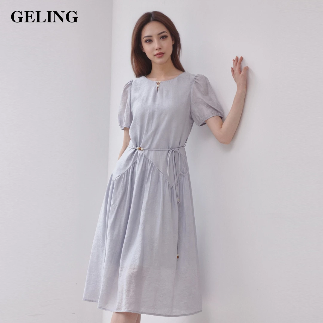GELING/歌&玲夏季法式宽松莱赛尔气质连衣裙圆领A字长裙G504M384L