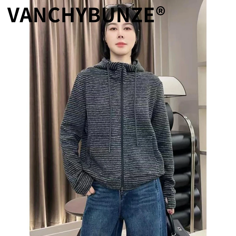 BUNZE连帽加绒加厚条纹休闲 上衣外套女秋冬2025新款爆款时尚洋派