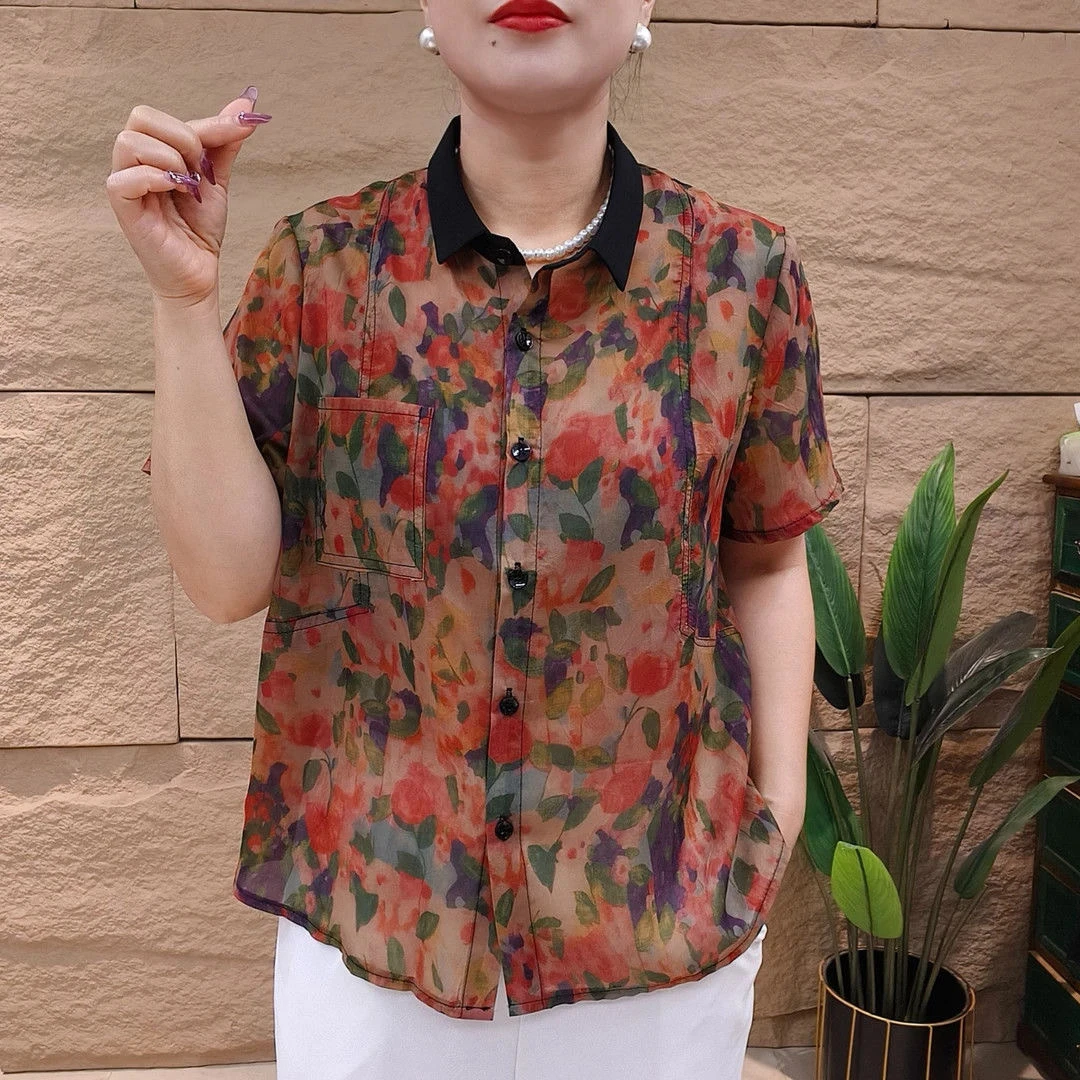 夏季妈妈装薄款翻领碎花开衫中老年洋气减龄休闲衬衫