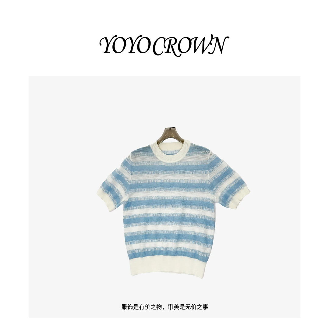 YOYO CROWN 2025夏竹节麻条纹裸感舒适 圆领领简约通勤T恤