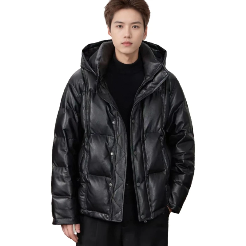 2025冬新款男士真皮皮衣绵羊皮白鹅绒短款连帽保暖外套2589