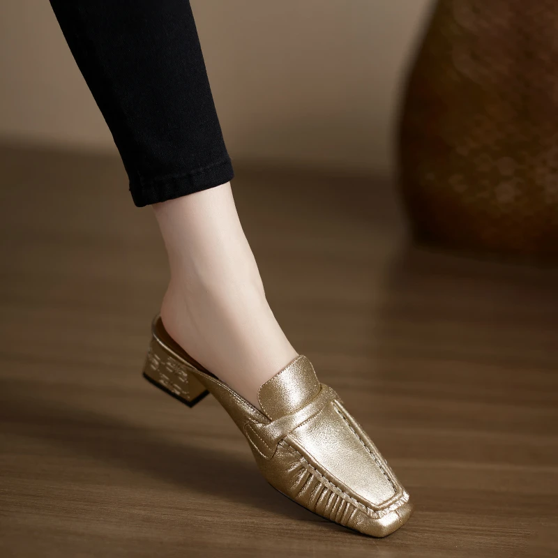 不累脚手工女鞋4.5cm~方头粗跟包头半拖鞋夏季外穿穆勒鞋时尚凉鞋