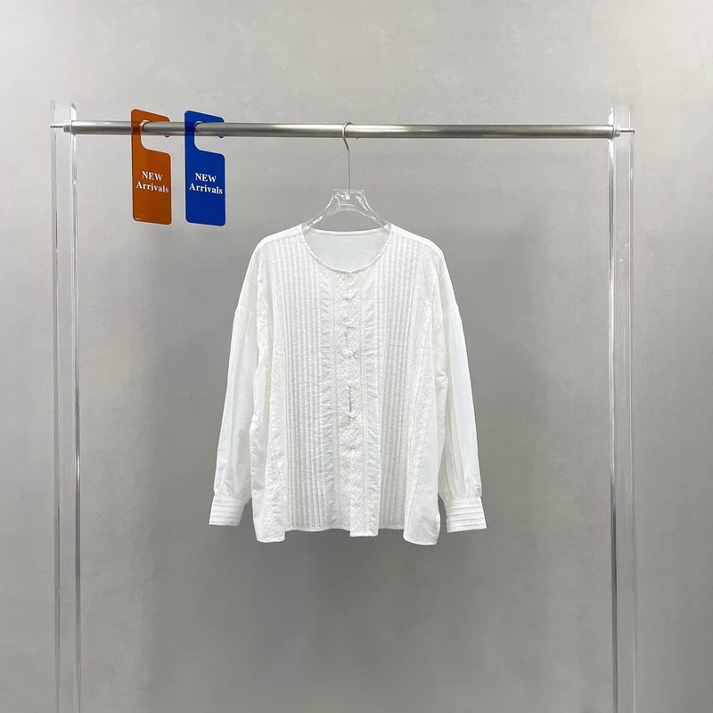 欧货春季新款简约百搭圆领长袖白色衬衫女宽松显瘦气质上衣73187