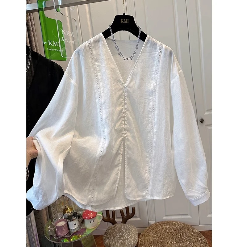 胖妹妹240斤大码法式蕾丝镂空V领苎麻长袖防晒衬衫女夏季宽松上衣