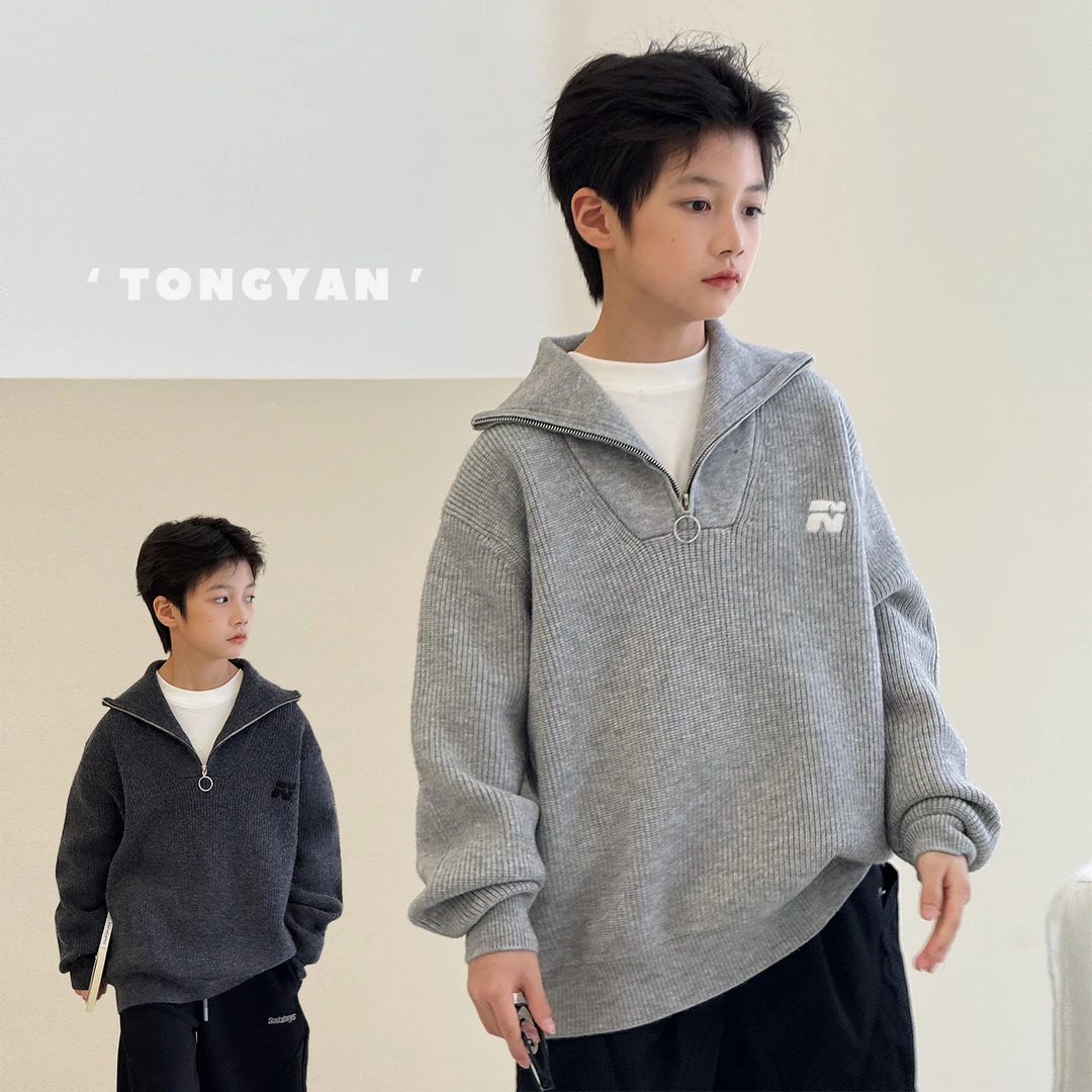 男童毛衣2025冬装新款韩版加厚儿童连帽线衣中大童针织衫帅G1011