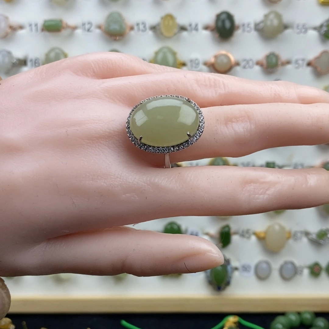 和田玉（青白玉）银S925镀金镶嵌戒指