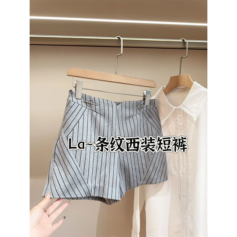 侧拉链条纹西装短裤女