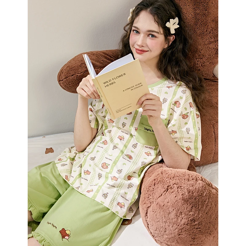 芬腾短袖睡衣女夏季新款凉感卡通布朗熊家居服可外穿宽松套装