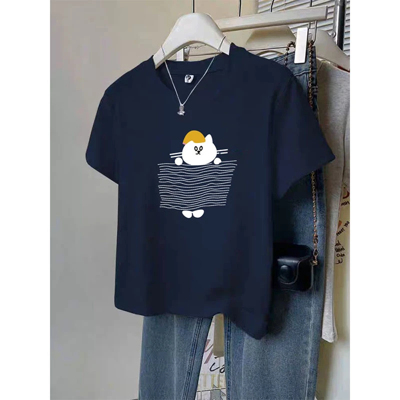 常规正肩简约短袖t恤女装2025新款时尚百搭藏青色上衣薄款夏季潮