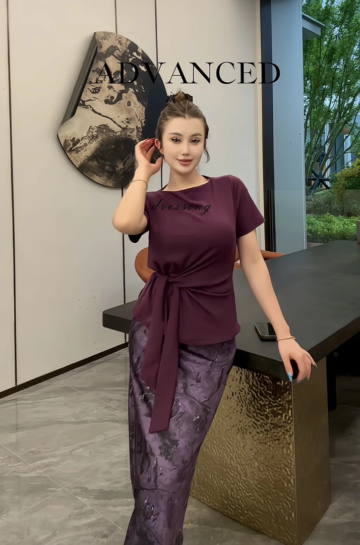 韩版系带收腰紫色短袖洋气通勤百搭显瘦夏季新款套装