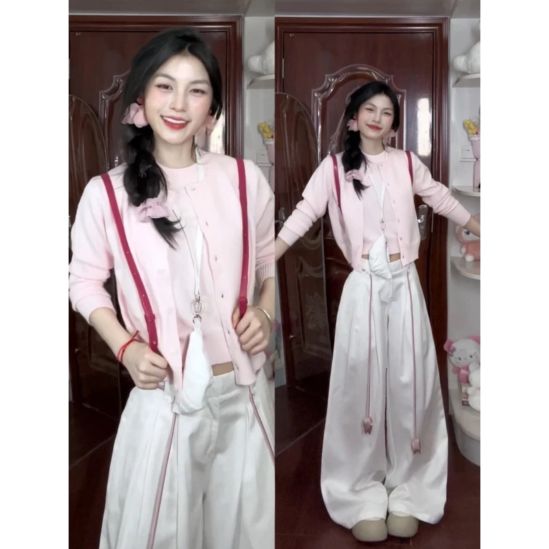 MARIE.COCO甜美风粉色长袖针织开衫内搭背心女秋季阔腿休闲裤套装