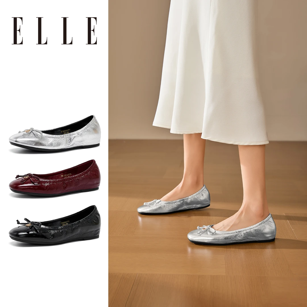 ELLE羊皮软底平底芭蕾鞋女2025新款小香风蝴蝶结晚晚浅口奶奶单鞋