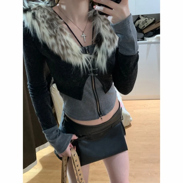 【假两件毛领】轻亚暗黑系古早上下拉链收腰显瘦上衣