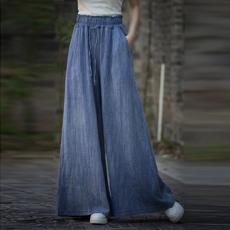 原创拉花松紧腰头苎麻手工扎染系带中腰阔腿裤显瘦宽松女垂感长裤