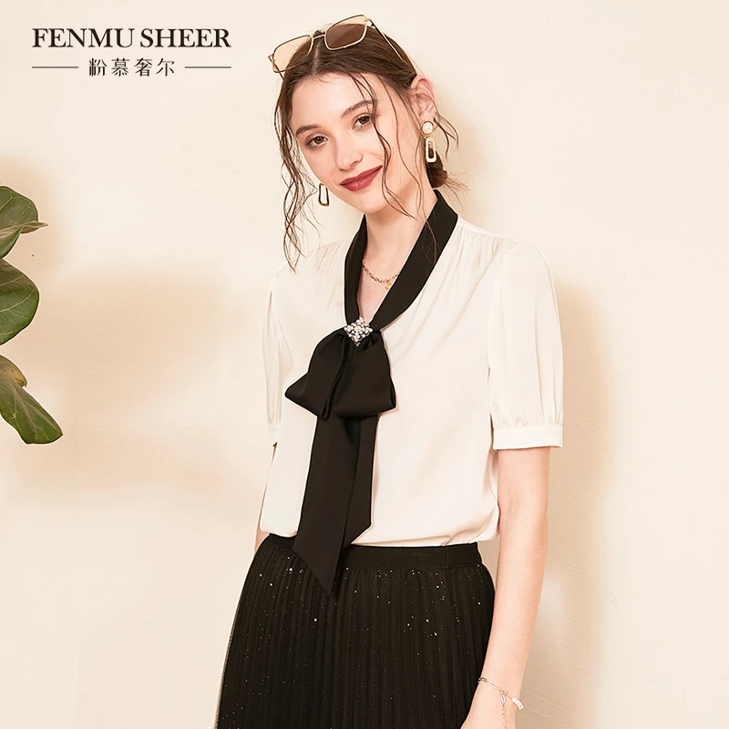 【婷婷专属】粉慕奢尔桑蚕丝气质通勤垂顺钻饰领带V领衬衫-G891