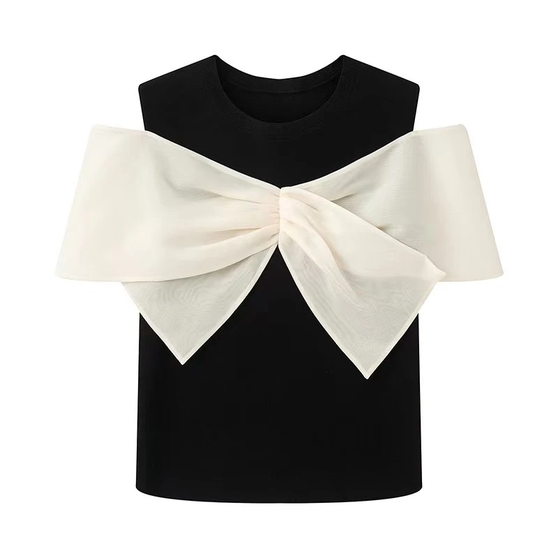 2025夏季新气质简约百搭休闲圆领拼接漏肩蝴蝶结针织衫女3931